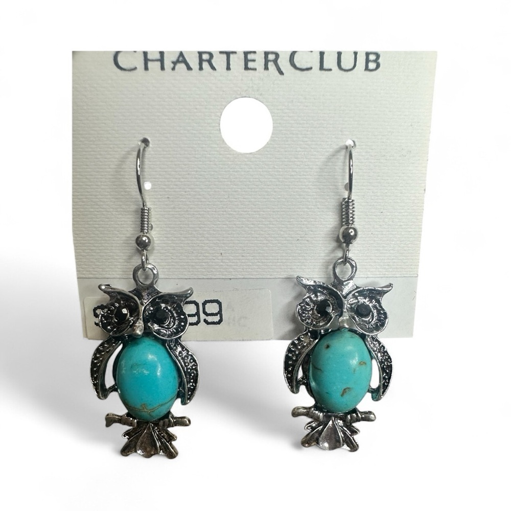 Charter Club Owl Drop Earrings – Turquoise-Style Stones, Silver Tone - Picture 4 of 5